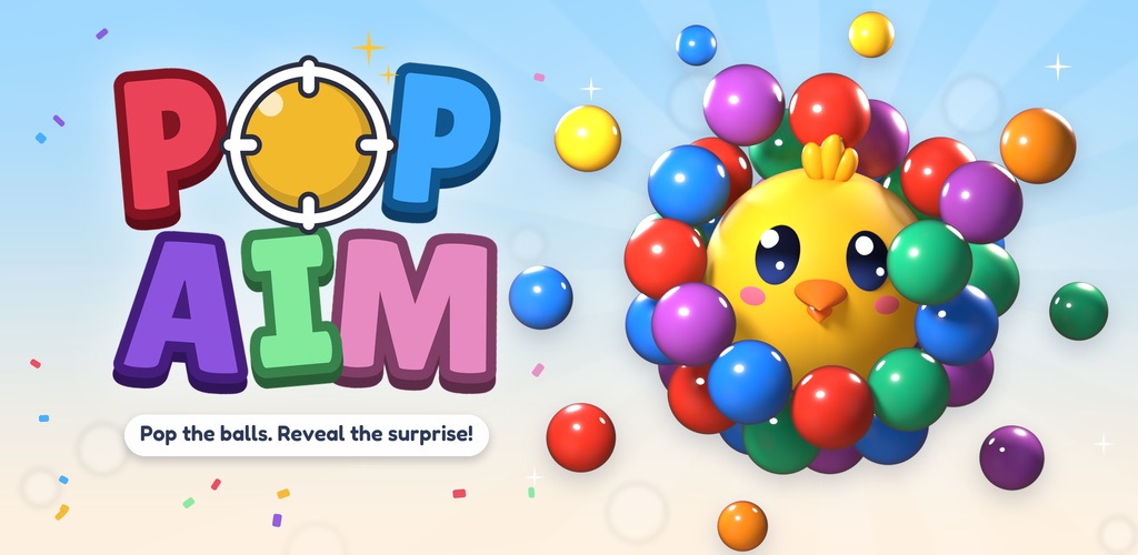 PopAim artwork: a chick bursting out of a shell of glossy balls